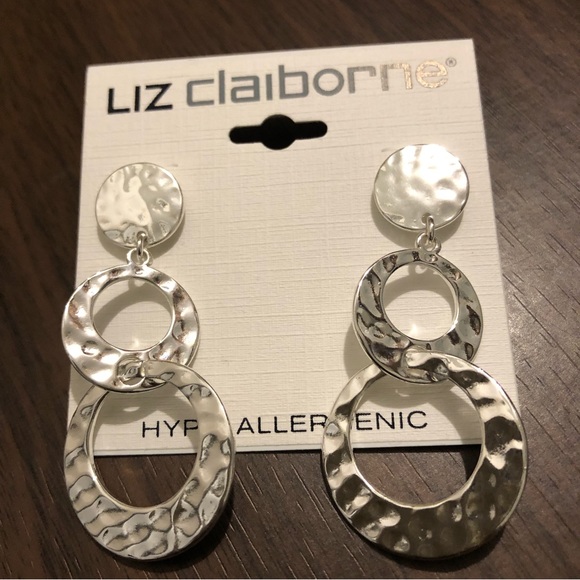 2” Liz Claiborne Hypoallergenic Silver Tone Round Circles Dangle earrings B22 - Picture 5 of 9